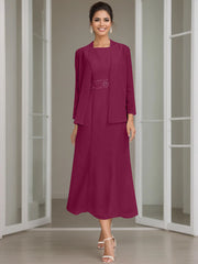Sheath Column Jewel Neck Tea Length Mother Of The Bride Dresses With Jacket Beading