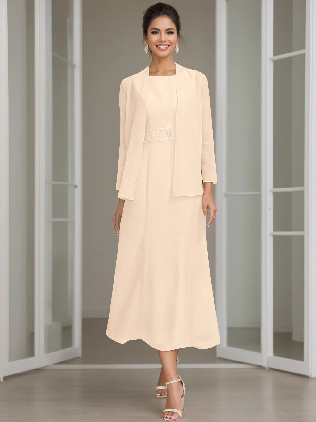 Sheath Column Jewel Neck Tea Length Mother Of The Bride Dresses With Jacket Beading