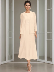 Sheath Column Jewel Neck Tea Length Mother Of The Bride Dresses With Jacket Beading