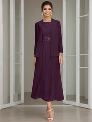 Sheath Column Jewel Neck Tea Length Mother Of The Bride Dresses With Jacket Beading