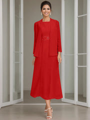 Sheath Column Jewel Neck Tea Length Mother Of The Bride Dresses With Jacket Beading