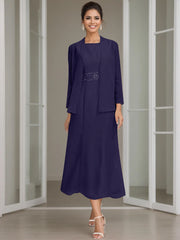 Sheath Column Jewel Neck Tea Length Mother Of The Bride Dresses With Jacket Beading