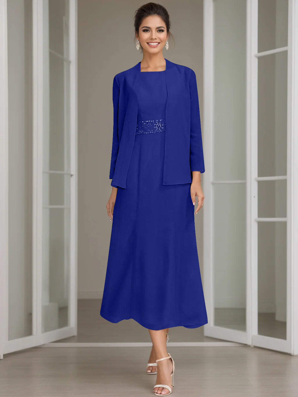 Sheath Column Jewel Neck Tea Length Mother Of The Bride Dresses With Jacket Beading