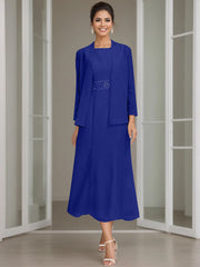 Sheath Column Jewel Neck Tea Length Mother Of The Bride Dresses With Jacket Beading