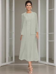 Sheath Column Jewel Neck Tea Length Mother Of The Bride Dresses With Jacket Beading