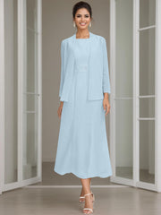 Sheath Column Jewel Neck Tea Length Mother Of The Bride Dresses With Jacket Beading