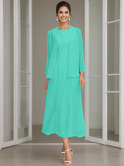 Sheath Column Jewel Neck Tea Length Mother Of The Bride Dresses With Jacket Beading