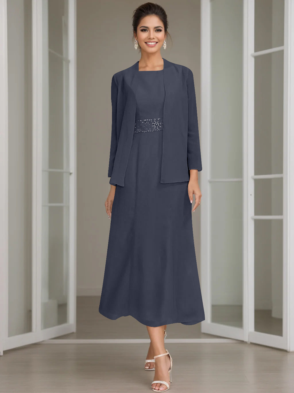 Sheath Column Jewel Neck Tea Length Mother Of The Bride Dresses With Jacket Beading