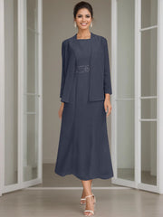 Sheath Column Jewel Neck Tea Length Mother Of The Bride Dresses With Jacket Beading