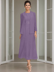 Sheath/Column Jewel Neck Tea Length Mother of the Bride Dresses with Jacket & Beading