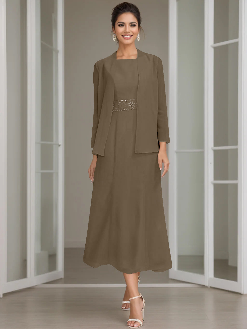 Sheath Column Jewel Neck Tea Length Mother Of The Bride Dresses With Jacket Beading