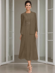Sheath Column Jewel Neck Tea Length Mother Of The Bride Dresses With Jacket Beading