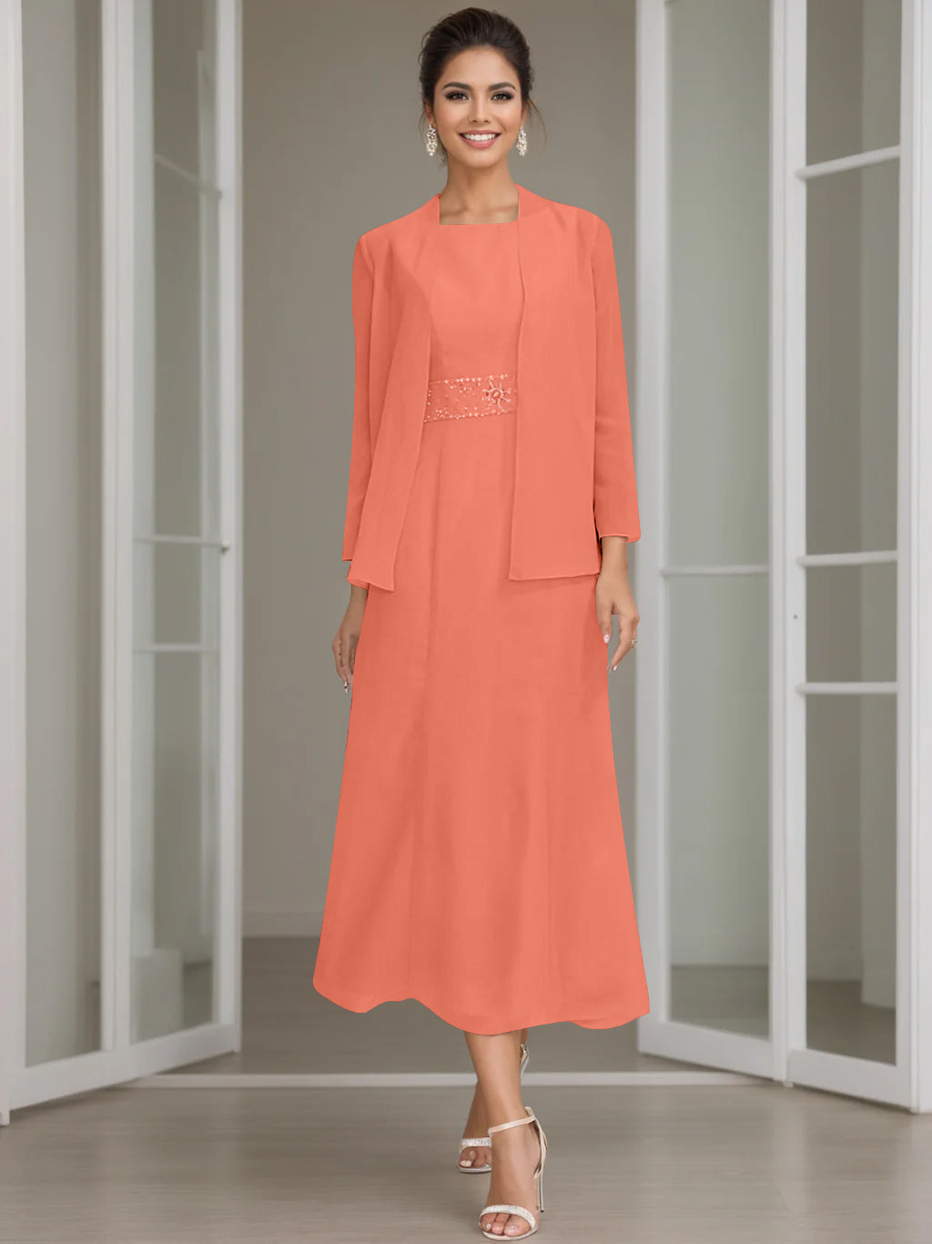 Sheath Column Jewel Neck Tea Length Mother Of The Bride Dresses With Jacket Beading