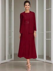 Sheath Column Jewel Neck Tea Length Mother Of The Bride Dresses With Jacket Beading