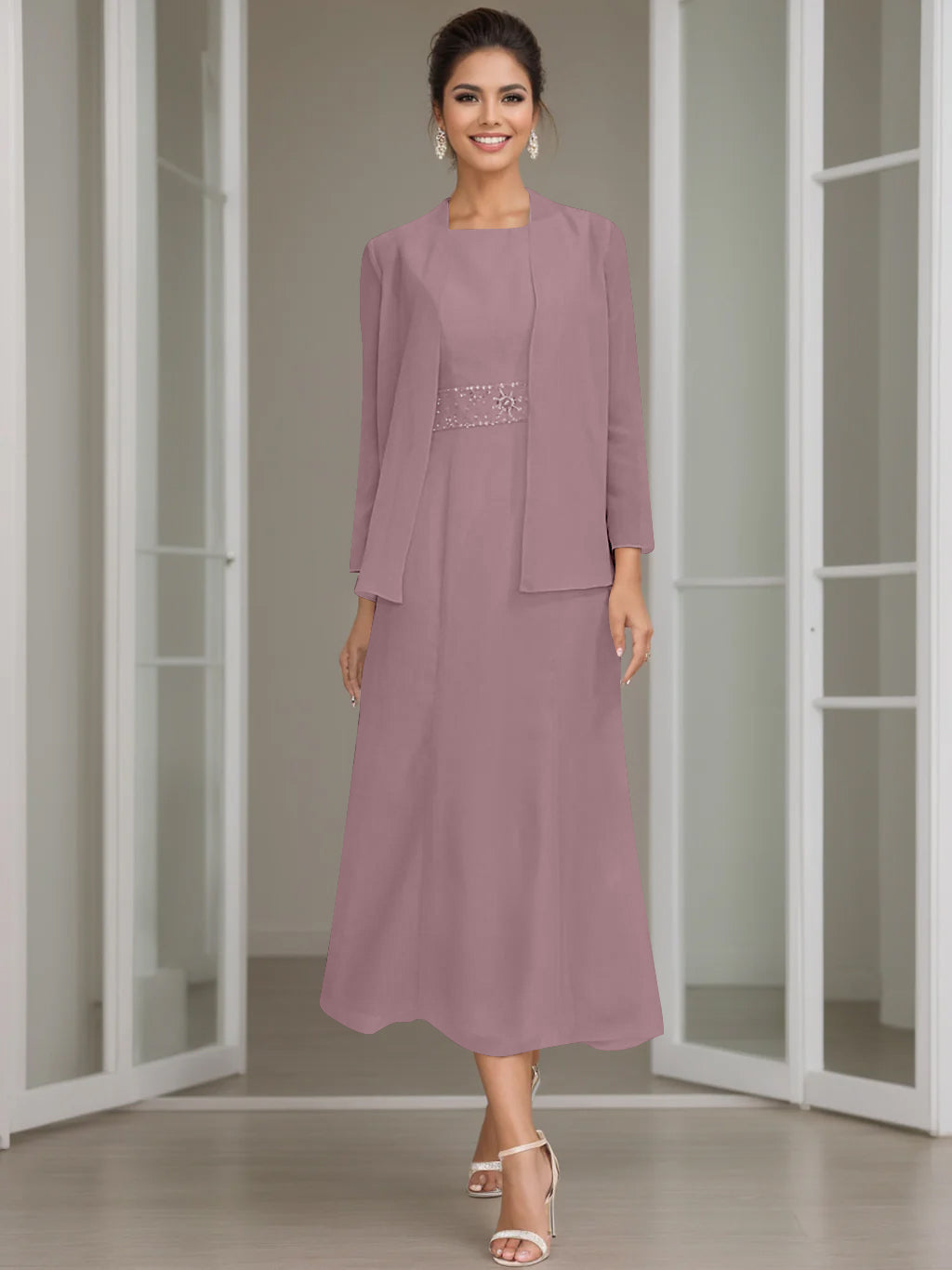 Sheath Column Jewel Neck Tea Length Mother Of The Bride Dresses With Jacket Beading