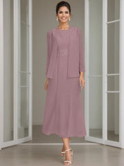 Sheath/Column Jewel Neck Tea Length Mother of the Bride Dresses with Jacket & Beading