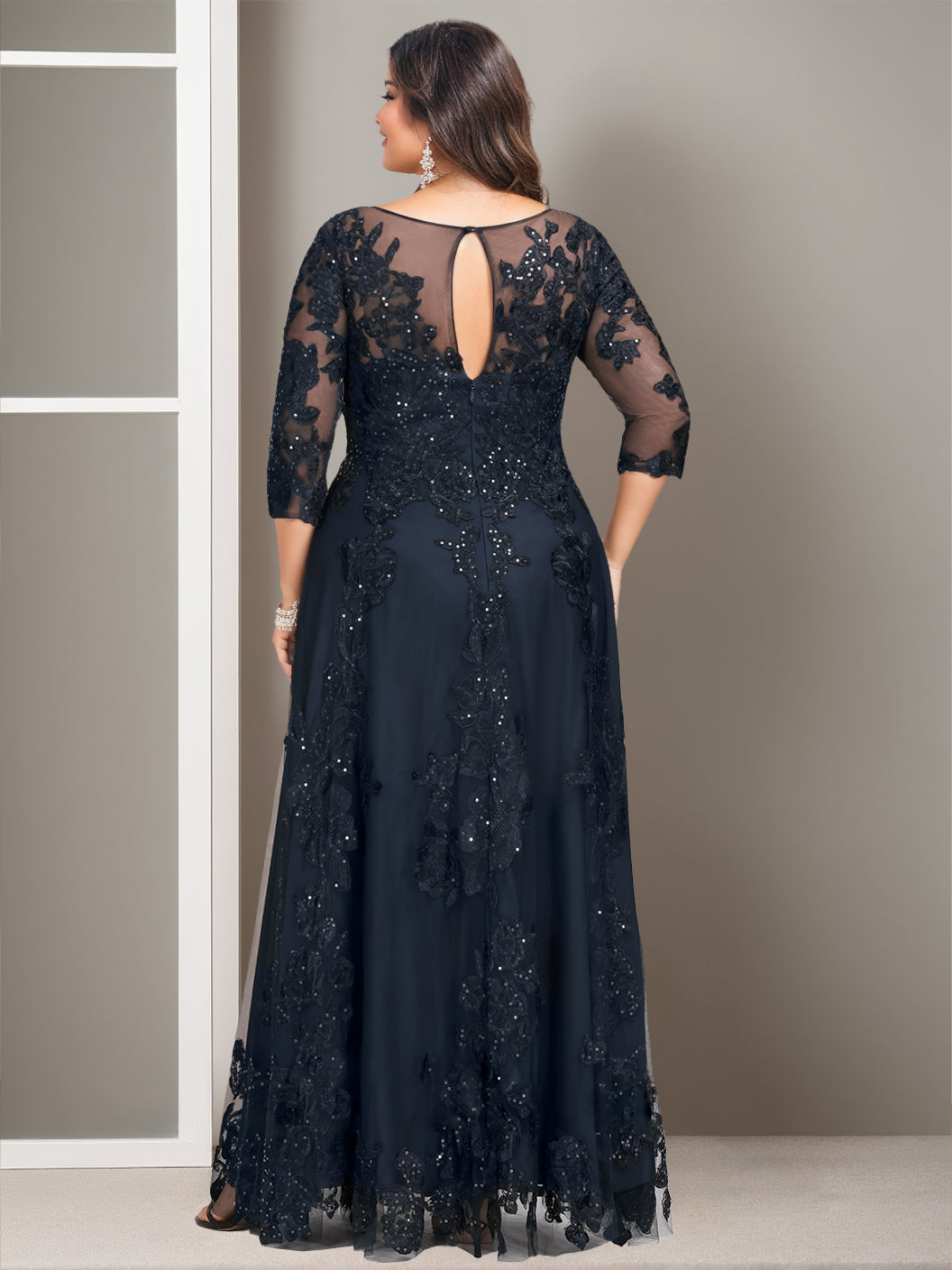 A Line Princess Scoop 3 4 Length Sleeves Floor Length Plus Size Mother Of The Bride Outfits With Sequins