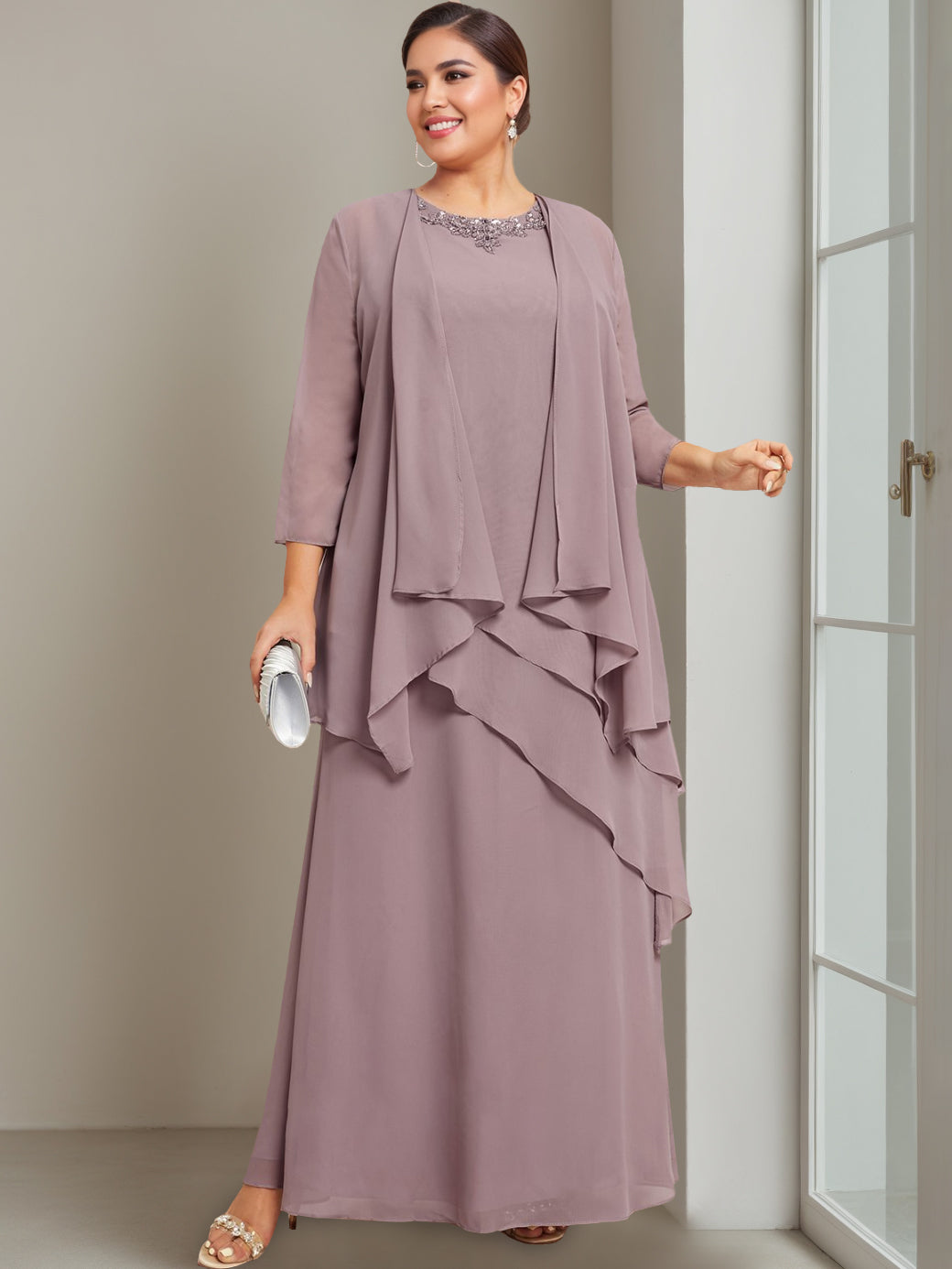 A Line Princess Scoop Sleeveless Floor Length Plus Size Mother Of The Bride Long Dresses With Beading