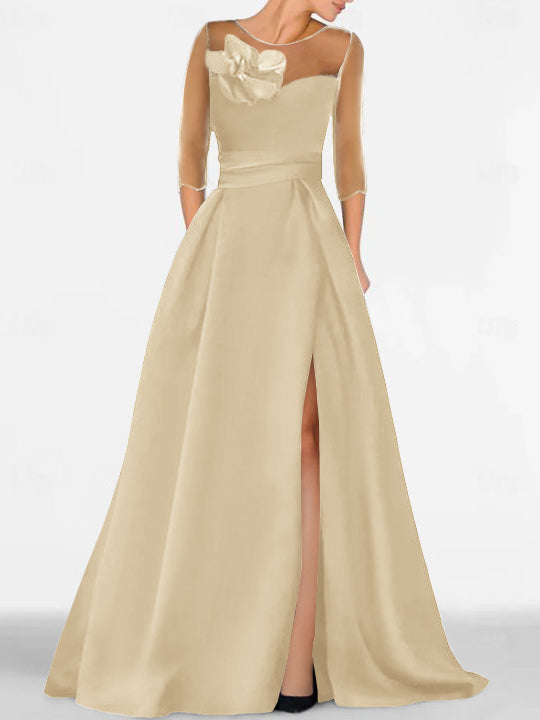 A Line Princess Sweetheart 3 4 Sleeves Mother Of The Bride Dresses With Lace Flower High Split