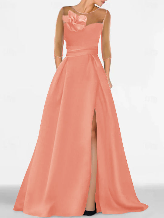 A Line Princess Sweetheart 3 4 Sleeves Mother Of The Bride Dresses With Lace Flower High Split