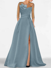 A Line Princess Sweetheart 3 4 Sleeves Mother Of The Bride Dresses With Lace Flower High Split