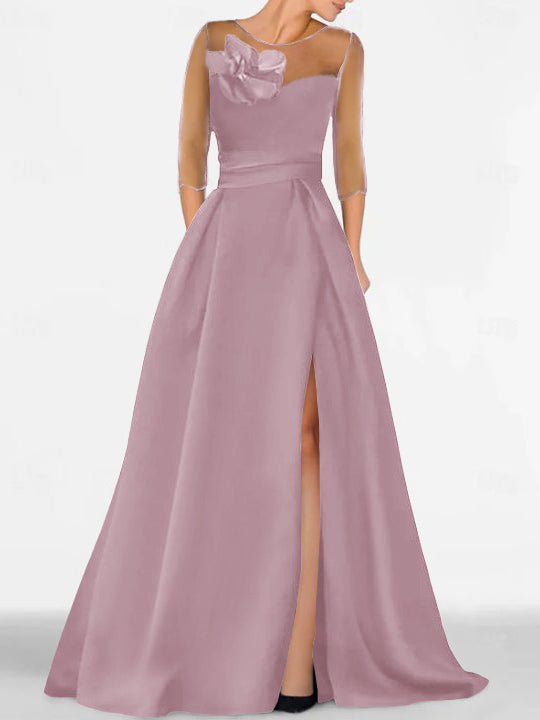 A Line Princess Sweetheart 3 4 Sleeves Mother Of The Bride Dresses With Lace Flower High Split