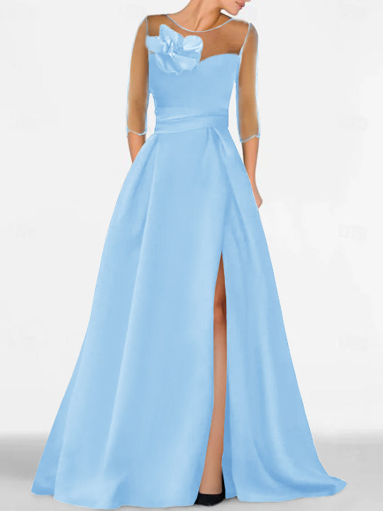 A Line Princess Sweetheart 3 4 Sleeves Mother Of The Bride Dresses With Lace Flower High Split