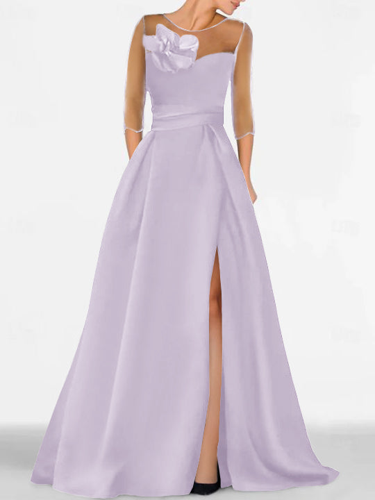 A Line Princess Sweetheart 3 4 Sleeves Mother Of The Bride Dresses With Lace Flower High Split