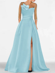 A Line Princess Sweetheart 3 4 Sleeves Mother Of The Bride Dresses With Lace Flower High Split