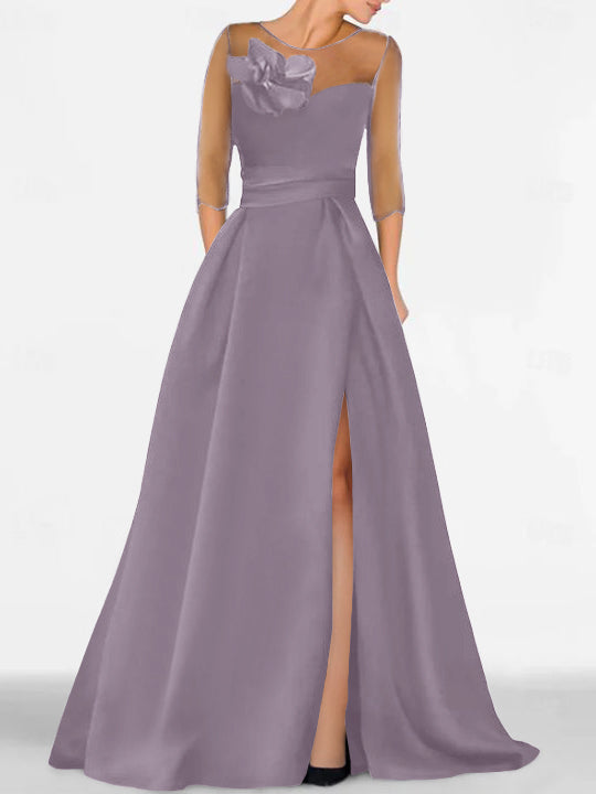 A Line Princess Sweetheart 3 4 Sleeves Mother Of The Bride Dresses With Lace Flower High Split