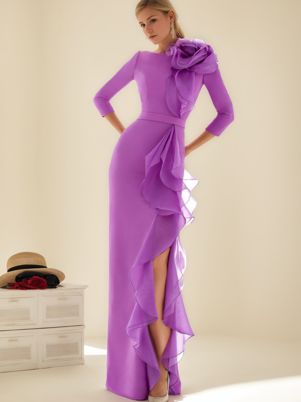 Sheath Column Jewel Neck 3 4 Length Sleeves Floor Length Long Mother Of The Bride Dresses With Ruffles