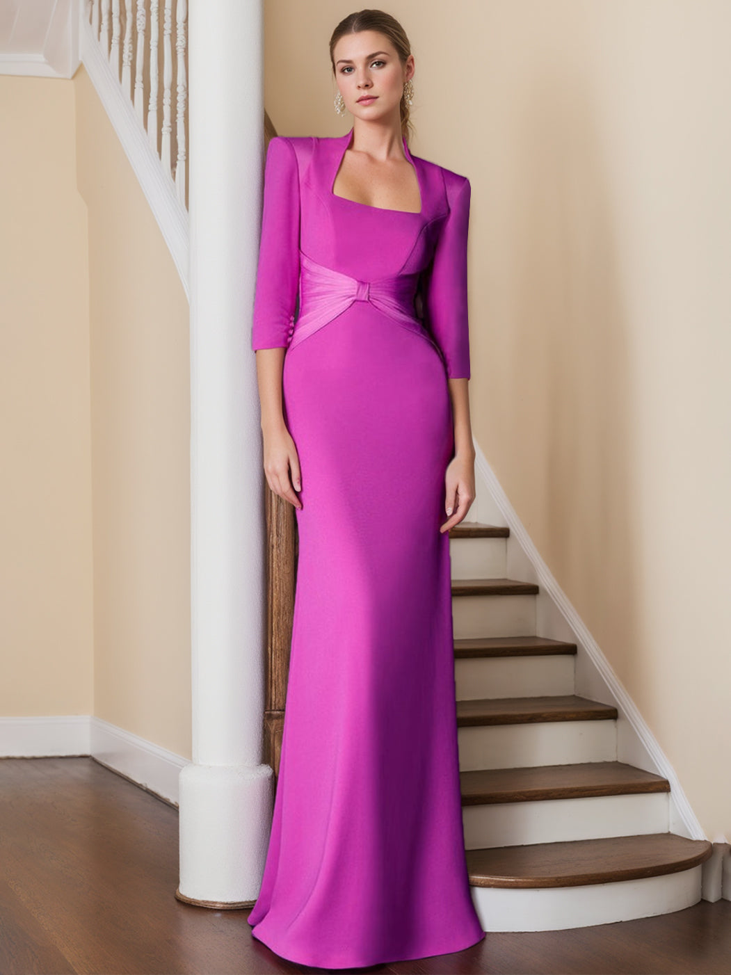 Sheath Column Standing Shoulders 3 4 Length Sleeves Floor Length Unique Mother Of The Bride Dresses With Ruffles