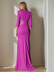 Sheath Column Standing Shoulders 3 4 Length Sleeves Floor Length Unique Mother Of The Bride Dresses With Ruffles
