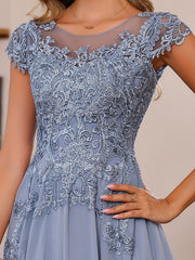 A Line Princess Scoop Neck Short Sleeves Floor Length Mother Of The Bride Dresses With Appliques