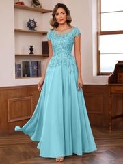 A Line Princess Scoop Neck Short Sleeves Floor Length Mother Of The Bride Dresses With Appliques