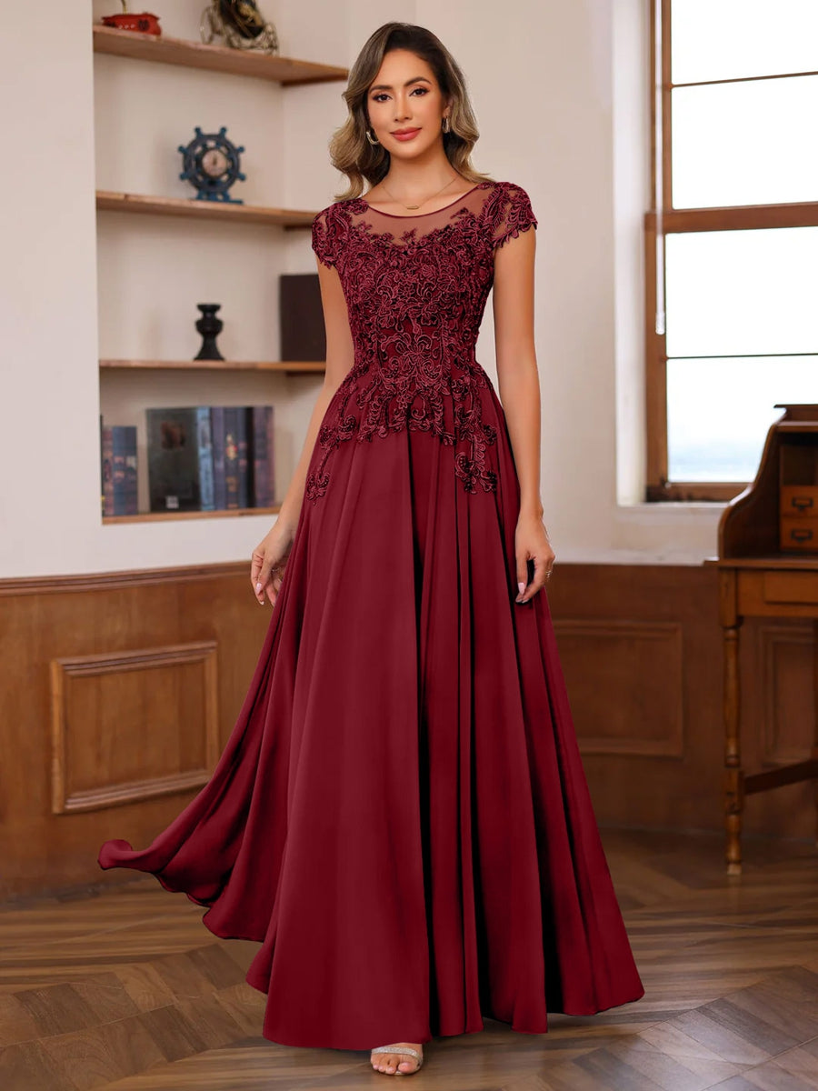 A Line Princess Scoop Neck Short Sleeves Floor Length Mother Of The Bride Dresses With Appliques