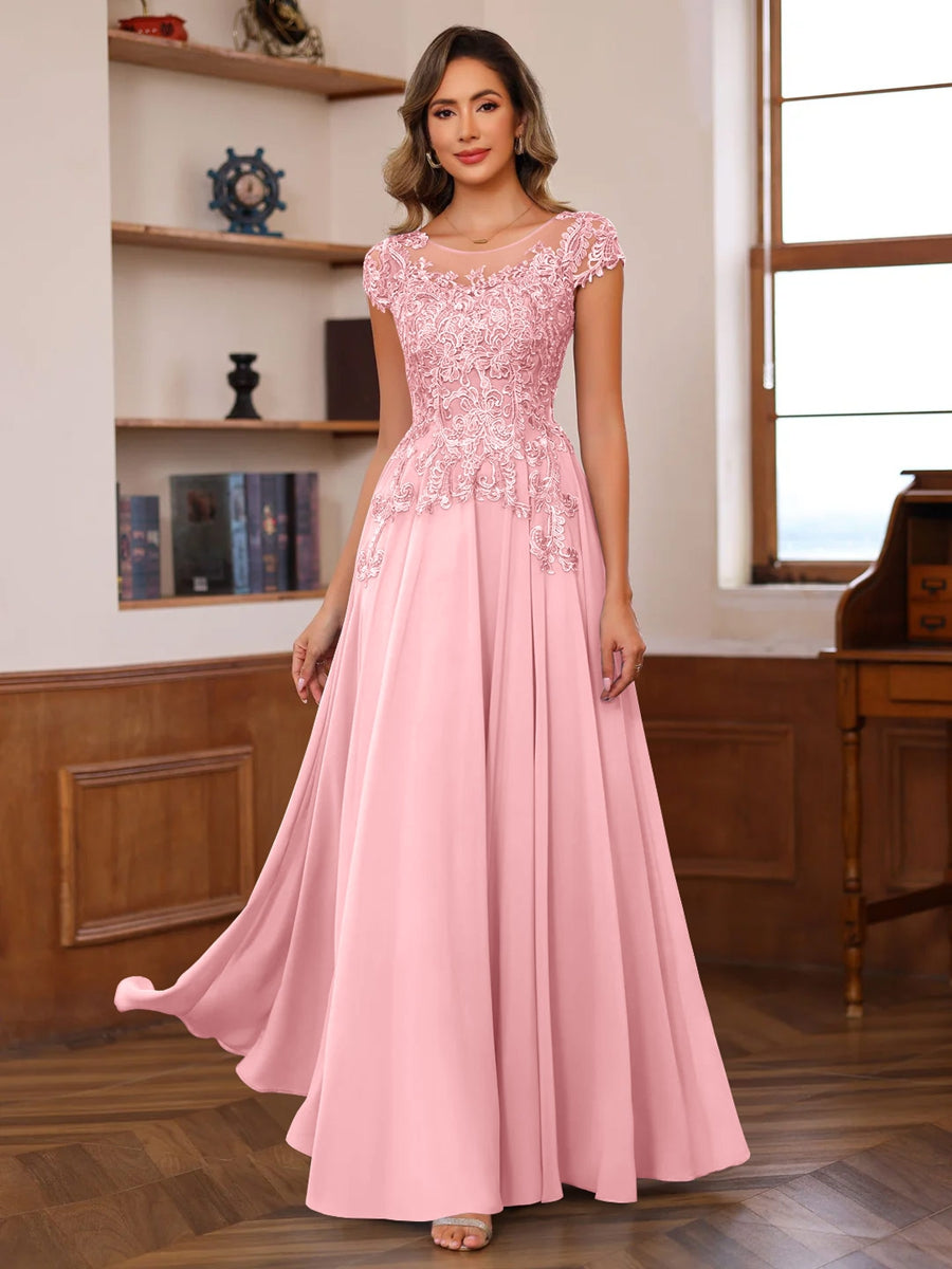 A Line Princess Scoop Neck Short Sleeves Floor Length Mother Of The Bride Dresses With Appliques