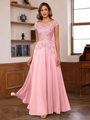 A Line Princess Scoop Neck Short Sleeves Floor Length Mother Of The Bride Dresses With Appliques