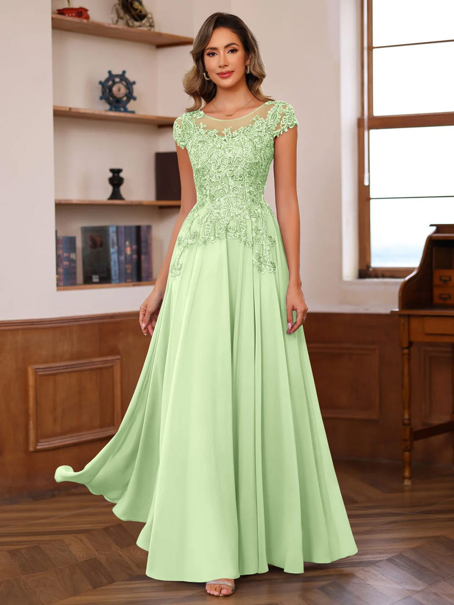A Line Princess Scoop Neck Short Sleeves Floor Length Mother Of The Bride Dresses With Appliques