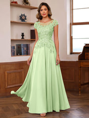 A Line Princess Scoop Neck Short Sleeves Floor Length Mother Of The Bride Dresses With Appliques