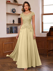 A Line Princess Scoop Neck Short Sleeves Floor Length Mother Of The Bride Dresses With Appliques