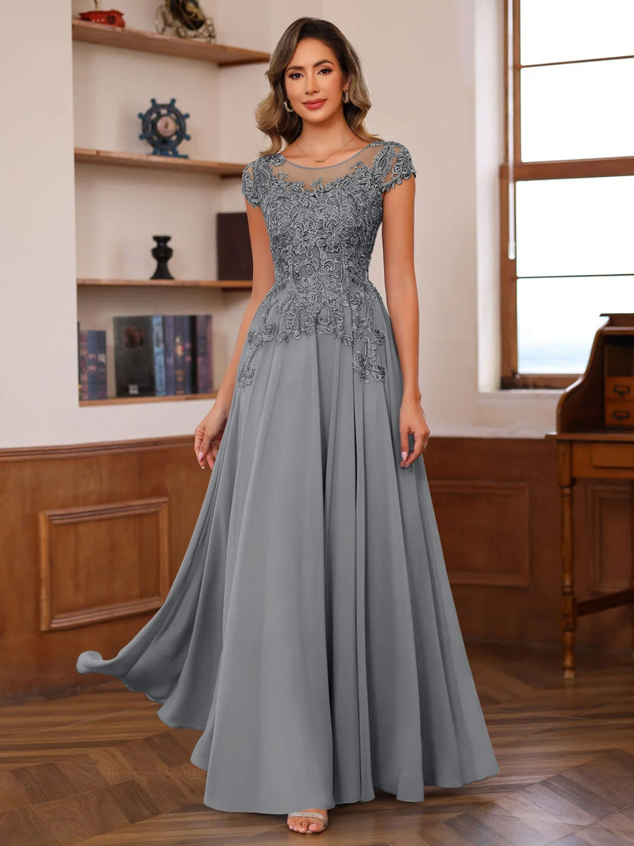 A Line Princess Scoop Neck Short Sleeves Floor Length Mother Of The Bride Dresses With Appliques