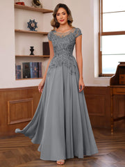 A Line Princess Scoop Neck Short Sleeves Floor Length Mother Of The Bride Dresses With Appliques