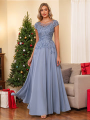 A Line Princess Scoop Neck Short Sleeves Floor Length Mother Of The Bride Dresses With Appliques