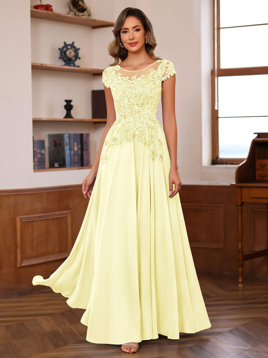A Line Princess Scoop Neck Short Sleeves Floor Length Mother Of The Bride Dresses With Appliques