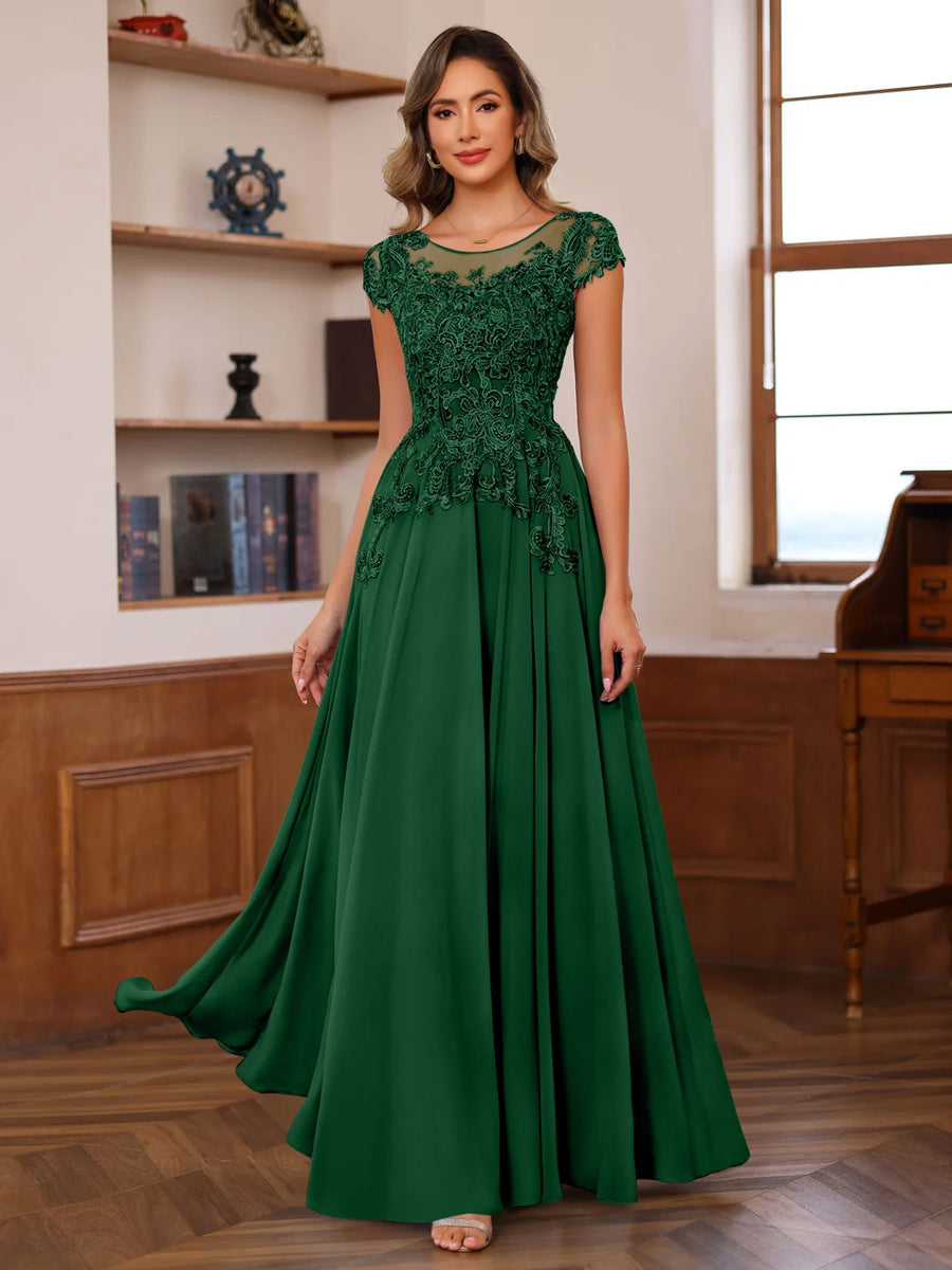 A Line Princess Scoop Neck Short Sleeves Floor Length Mother Of The Bride Dresses With Appliques
