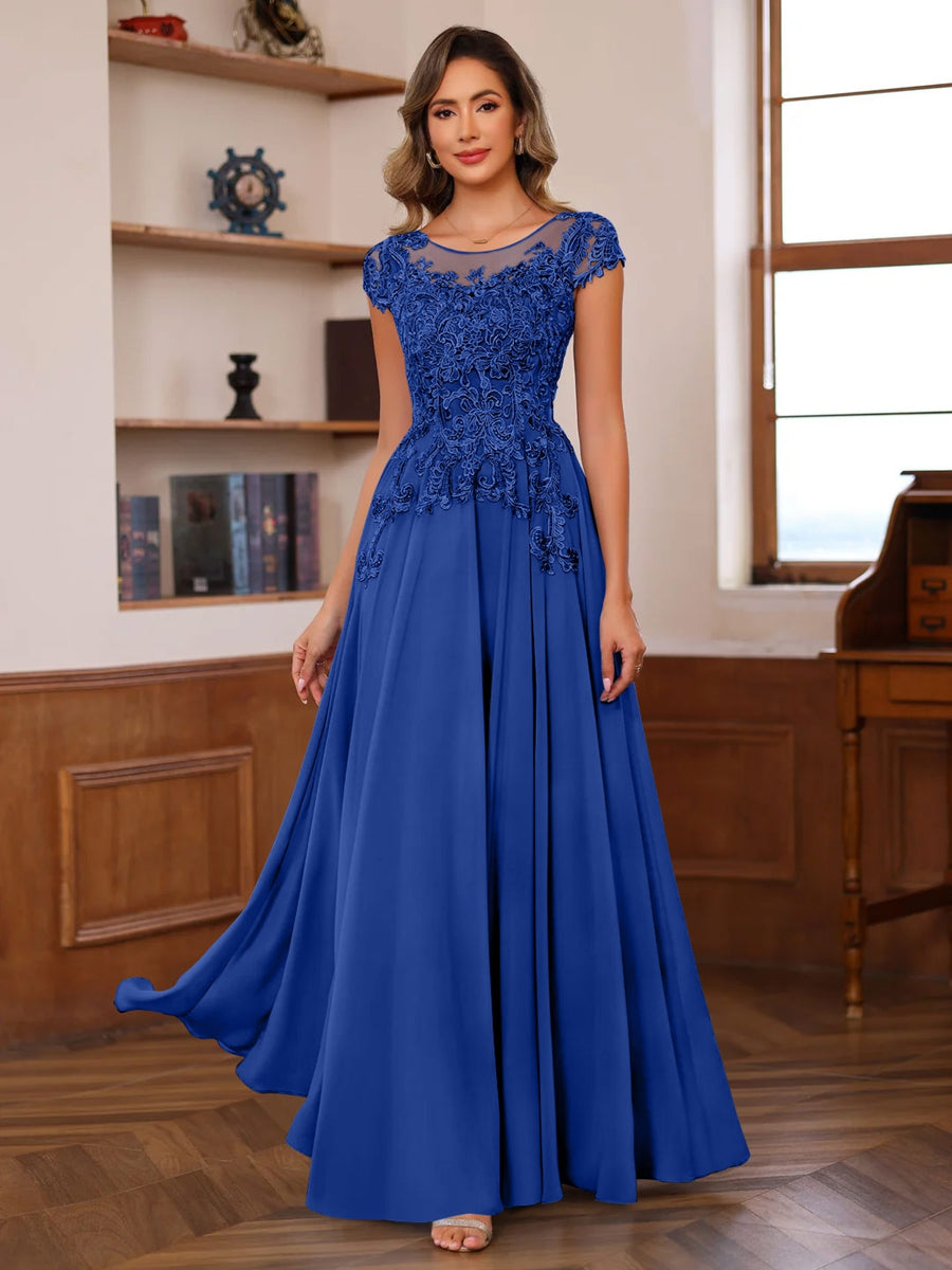 A Line Princess Scoop Neck Short Sleeves Floor Length Mother Of The Bride Dresses With Appliques