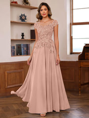 A Line Princess Scoop Neck Short Sleeves Floor Length Mother Of The Bride Dresses With Appliques
