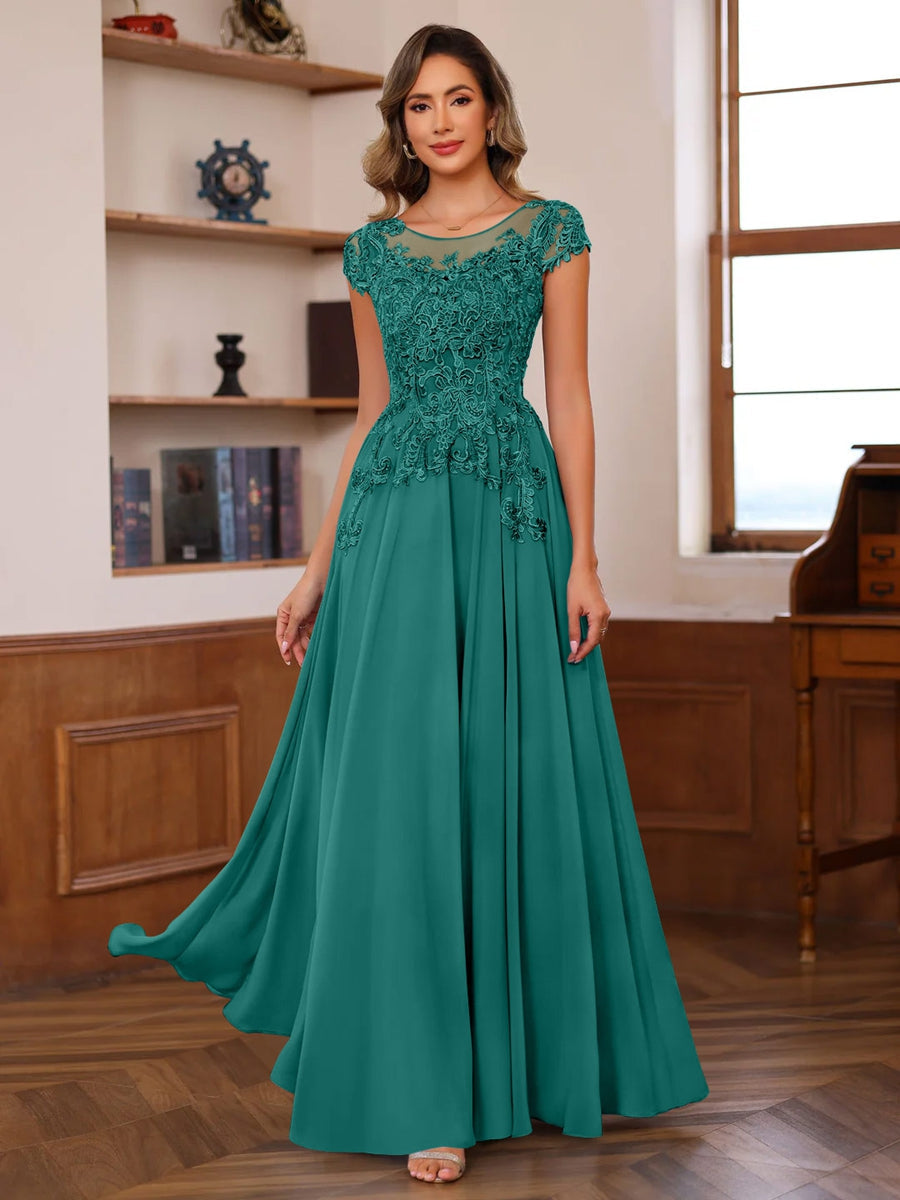 A Line Princess Scoop Neck Short Sleeves Floor Length Mother Of The Bride Dresses With Appliques