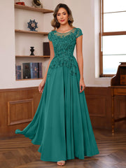 A Line Princess Scoop Neck Short Sleeves Floor Length Mother Of The Bride Dresses With Appliques